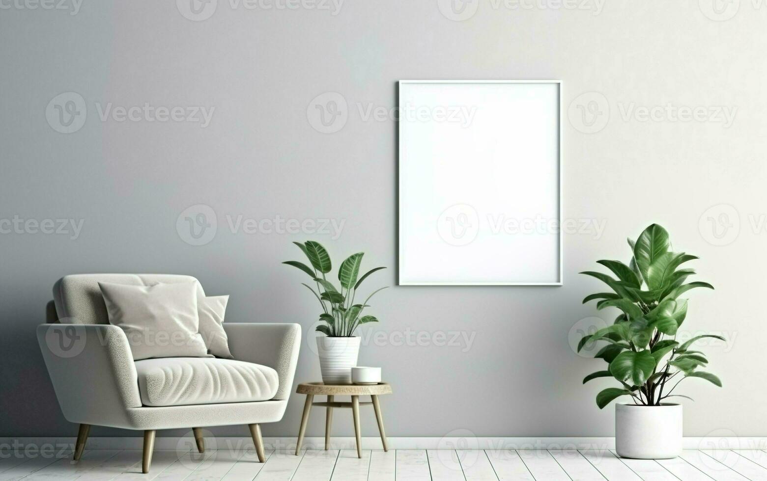 leeg kader Aan de grijs muur met kopiëren ruimte in de leven kamer met een wit retro fauteuil, groen planten Aan de verdieping kant, koffie tafel. foto