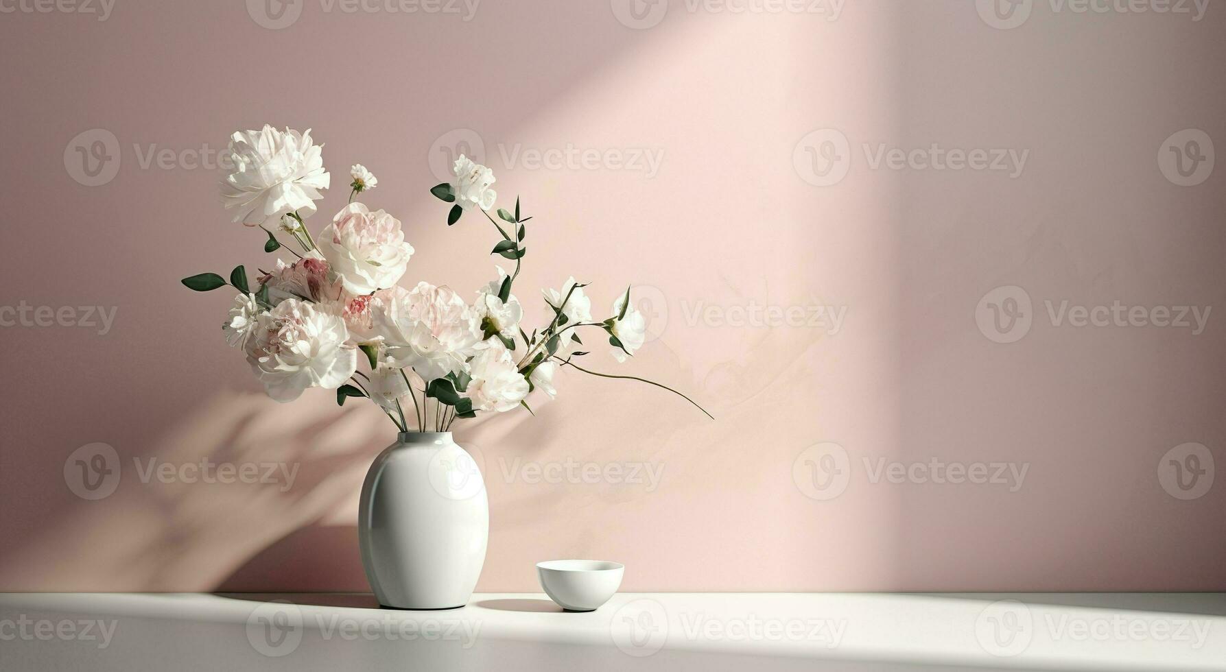 wit keramisch vaas met bloeiend bloemen takken in zonlicht van venster Aan pastel roze grijs muur schaduw Aan wit verdieping voor decoratie, luxe kunstmatig huidsverzorging schoonheid Product Scherm foto