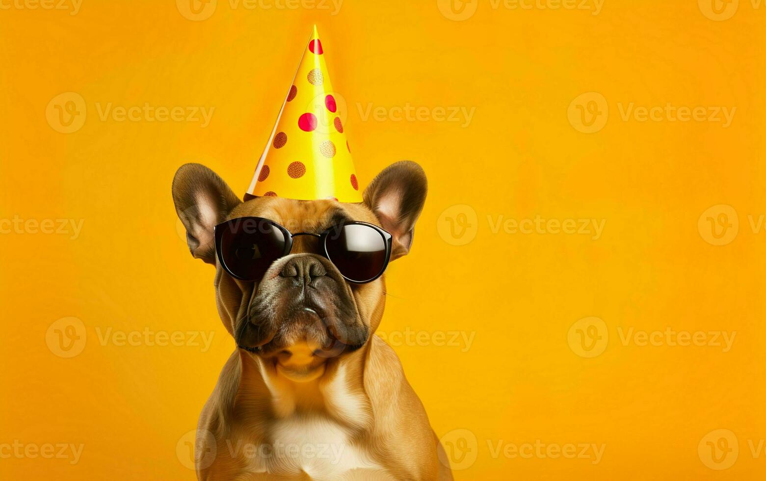 schattig hond in partij hoed en zonnebril over- geel achtergrond. Frans bulldog foto