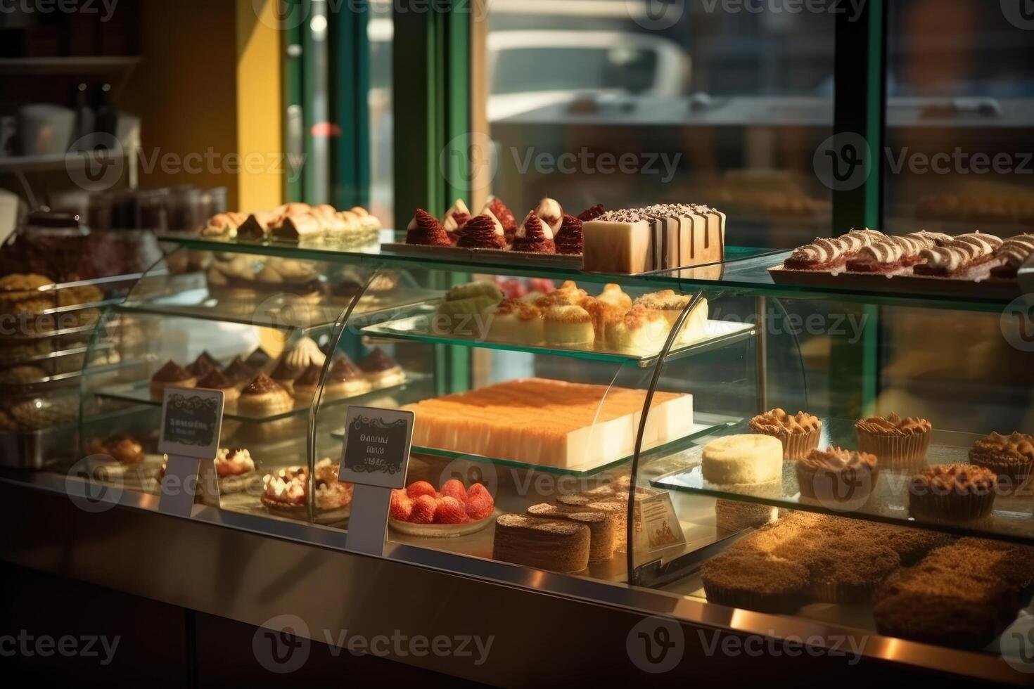 voorraad foto van binnen taart winkel ai gegenereerd