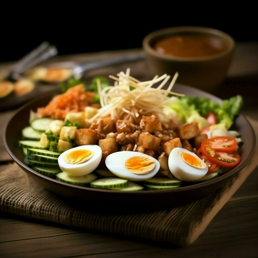 gado-gado Indonesisch traditioneel voedsel. mengen van gekookt of stoom- groente geserveerd met pinda saus concept door ai gegenereerd foto