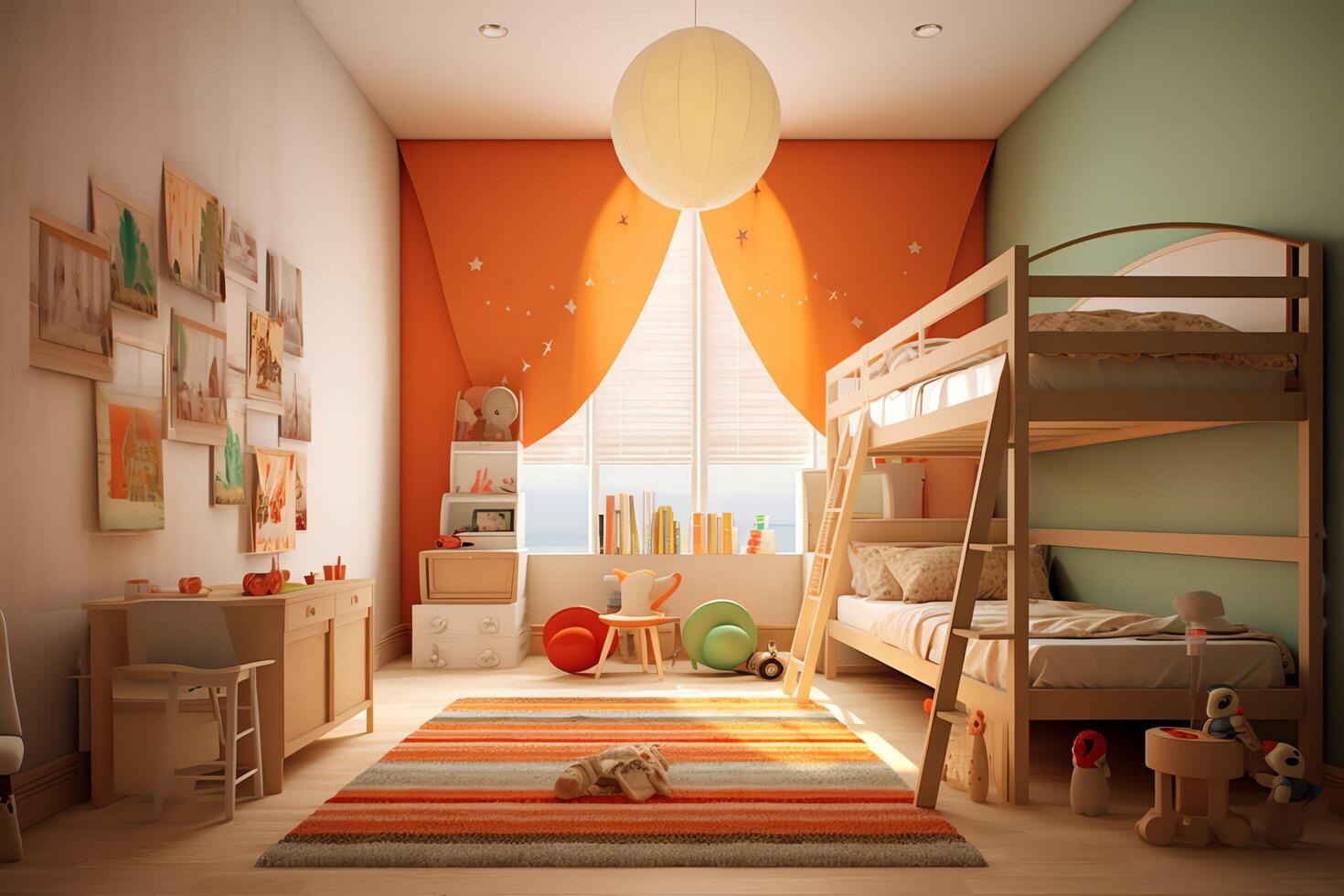 modern kind slaapkamer interieur ontwerp in huis met decoratie kinderen. kleurrijk kinderen slaapkamer concept door ai gegenereerd foto