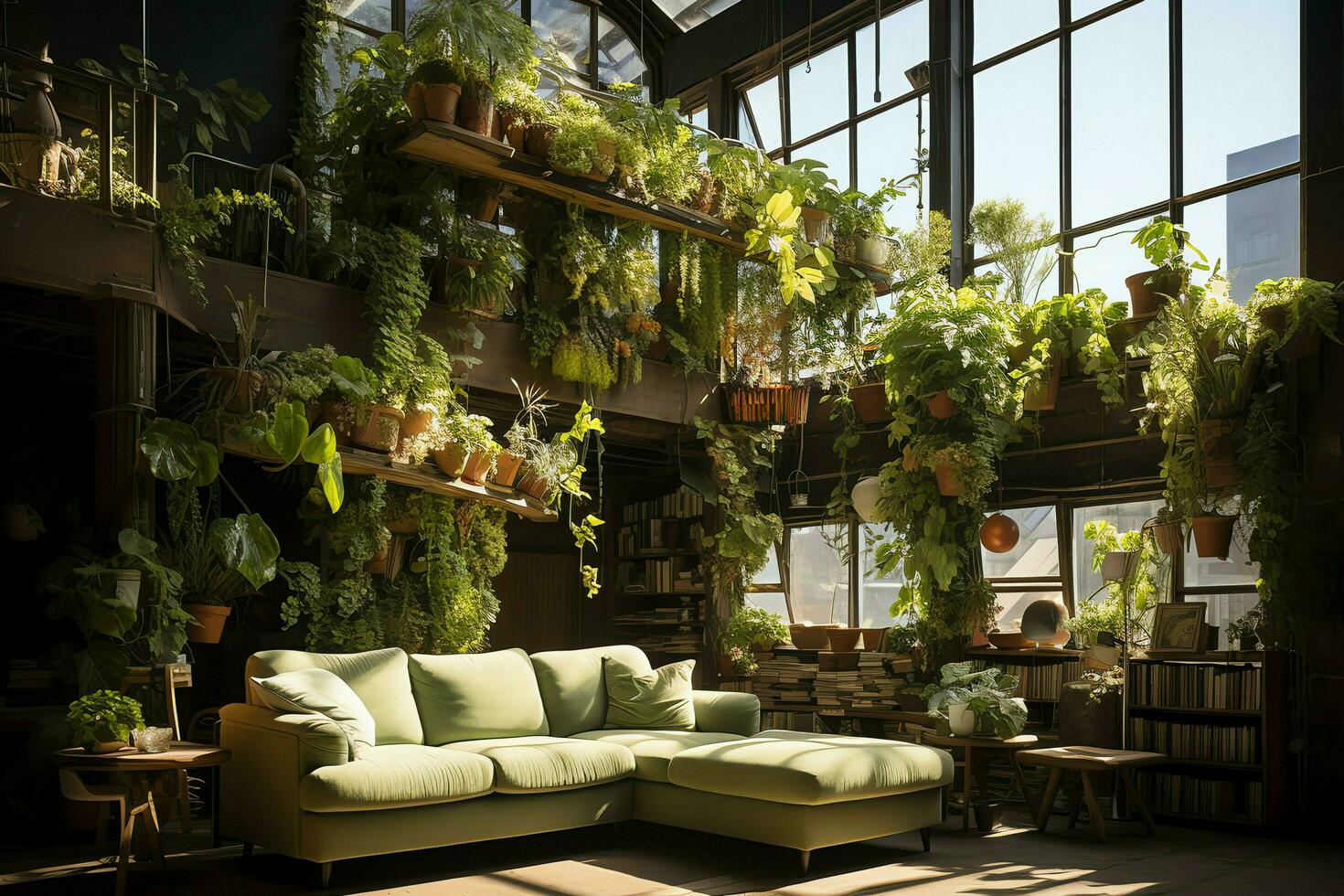 tuin of reusachtig fabriek overgroeien van appartement binnen. stijl van leven kamer ontwerp met groen wandconcept door ai gegenereerd foto