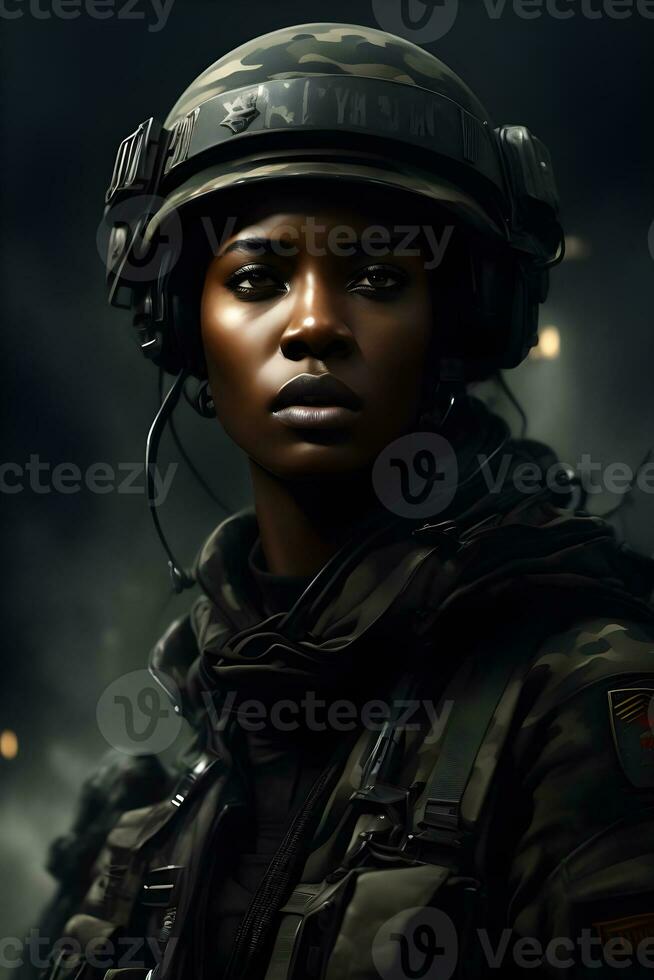 zwart vrouw vervelend leger uniform inclusief camouflage vermoeidheid en een helm. generatief ai. foto