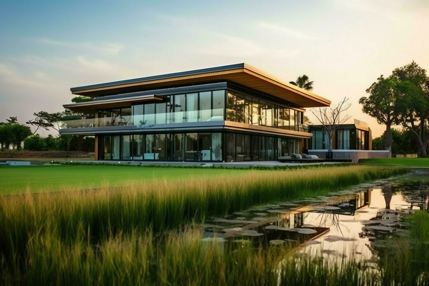 mooi modern huis buitenkant met gras. veld- modern woon- wijk en minimalistische gebouw concept door ai gegenereerd foto