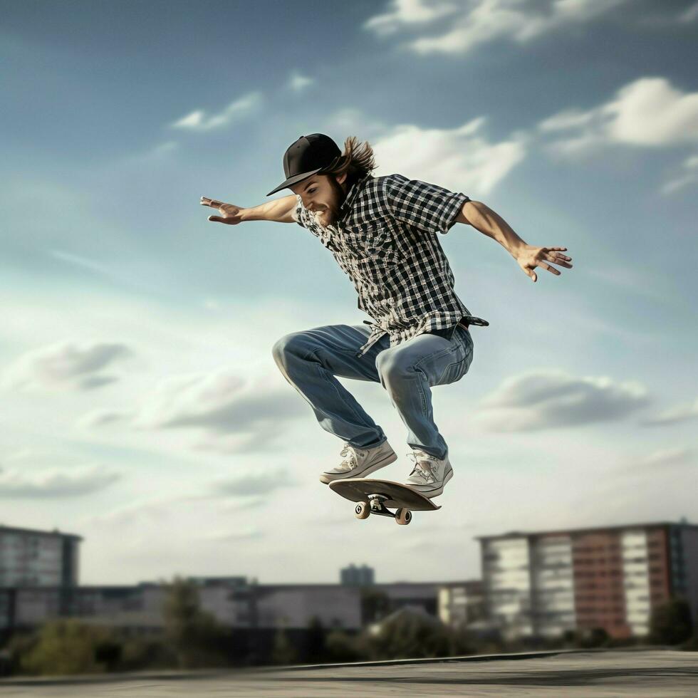 een Kaukasisch Mens aan het doen trucs of jumping Aan een skateboard Bij de straat. jong Mens met schaatser jumping concept door ai gegenereerd foto