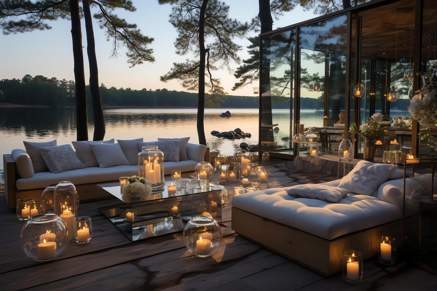 zee visie strand luxe Aan de strand met couches en cabanas tegen de zee. villa of hotel toevlucht concept door ai gegenereerd foto