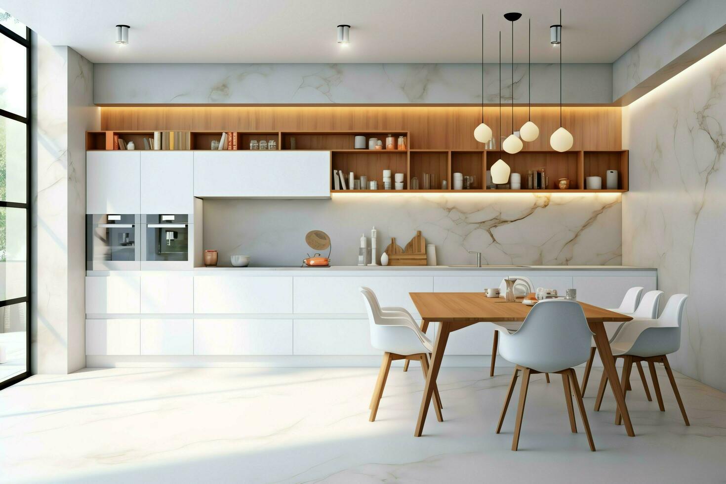 modern keuken interieur ontwerp in appartement of huis met meubilair. luxe keuken huis Scandinavisch concept door ai gegenereerd foto