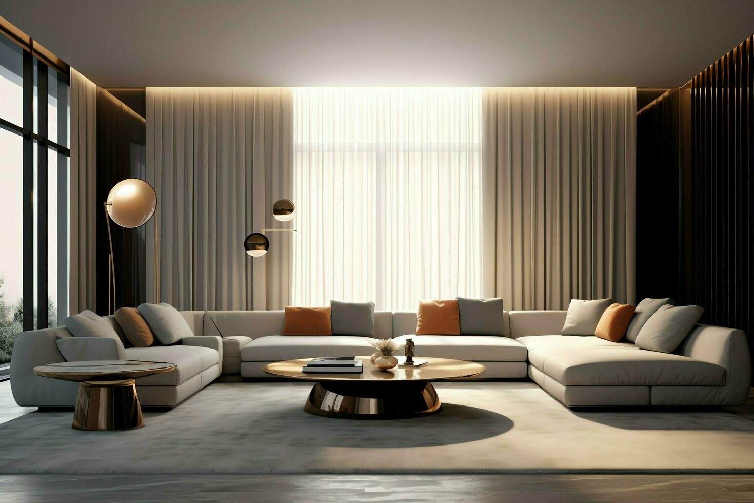 modern appartement interieur in leven of slaapkamer ontwerp met werken tafel, meubilair, en boekenplank. luxe huis Scandinavisch concept door ai gegenereerd foto