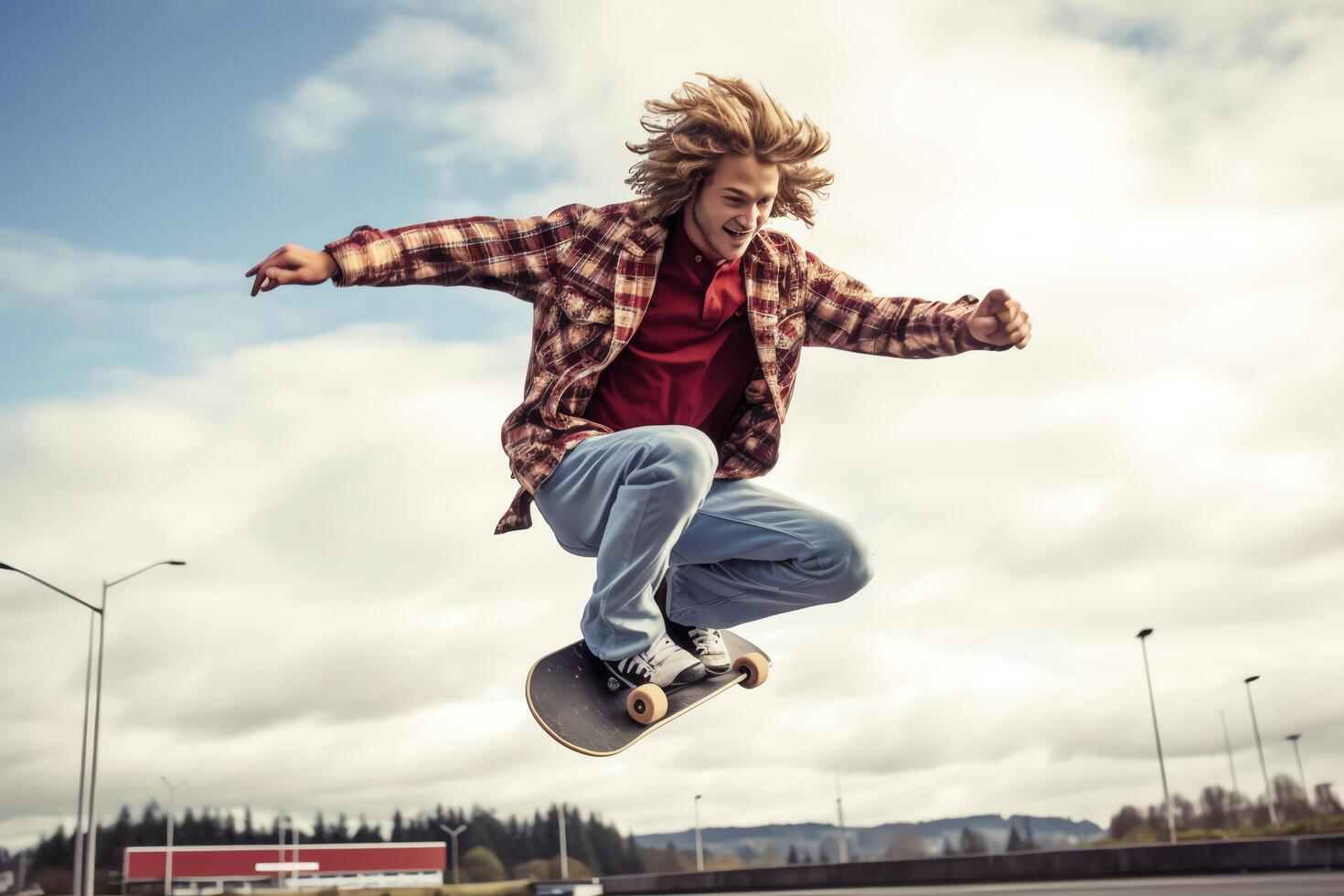 een Kaukasisch Mens aan het doen trucs of jumping Aan een skateboard Bij de straat. jong Mens met schaatser jumping concept door ai gegenereerd foto