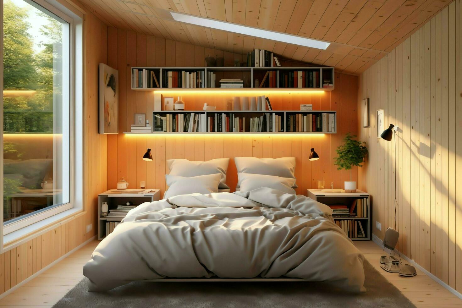 modern slaapkamer interieur ontwerp in appartement of huis met meubilair. luxe slaapkamer Scandinavisch concept door ai gegenereerd foto