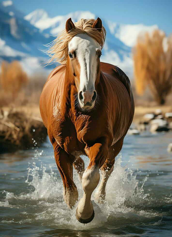 een wild paard rennen in de kreek. wild of boerderij dieren concept door ai gegenereerd foto