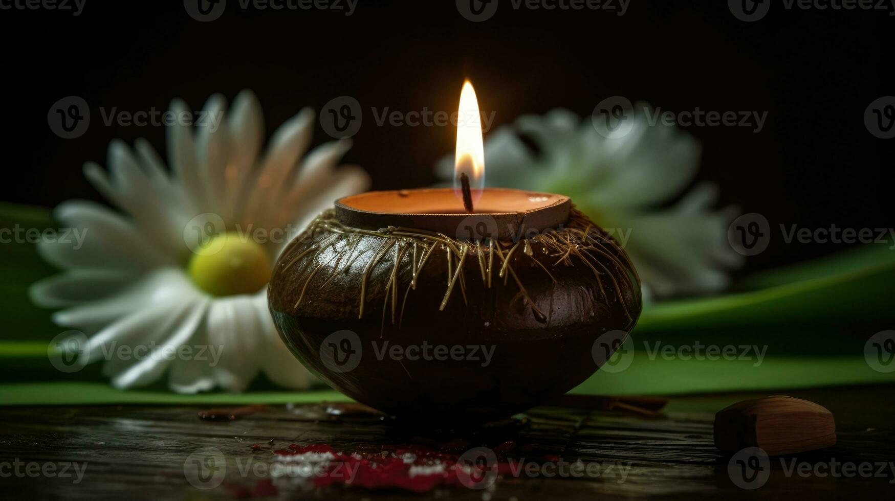 een thee licht kaars geplaatst binnen een bruin houten geval foto