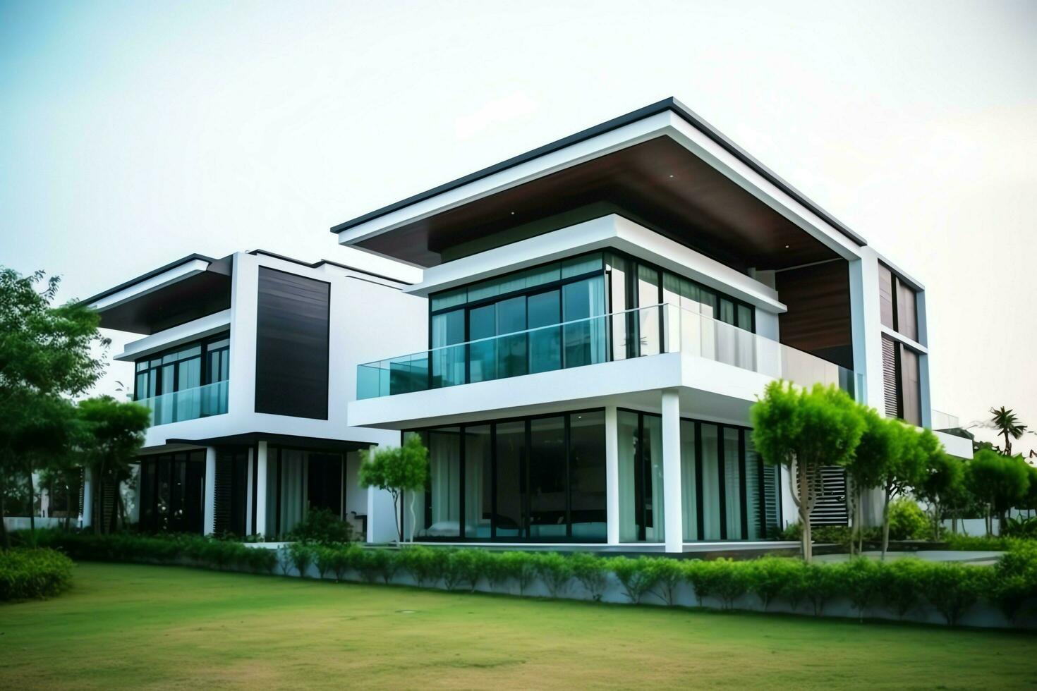 mooi modern huis buitenkant met gras. veld- modern woon- wijk en minimalistische gebouw concept door ai gegenereerd foto