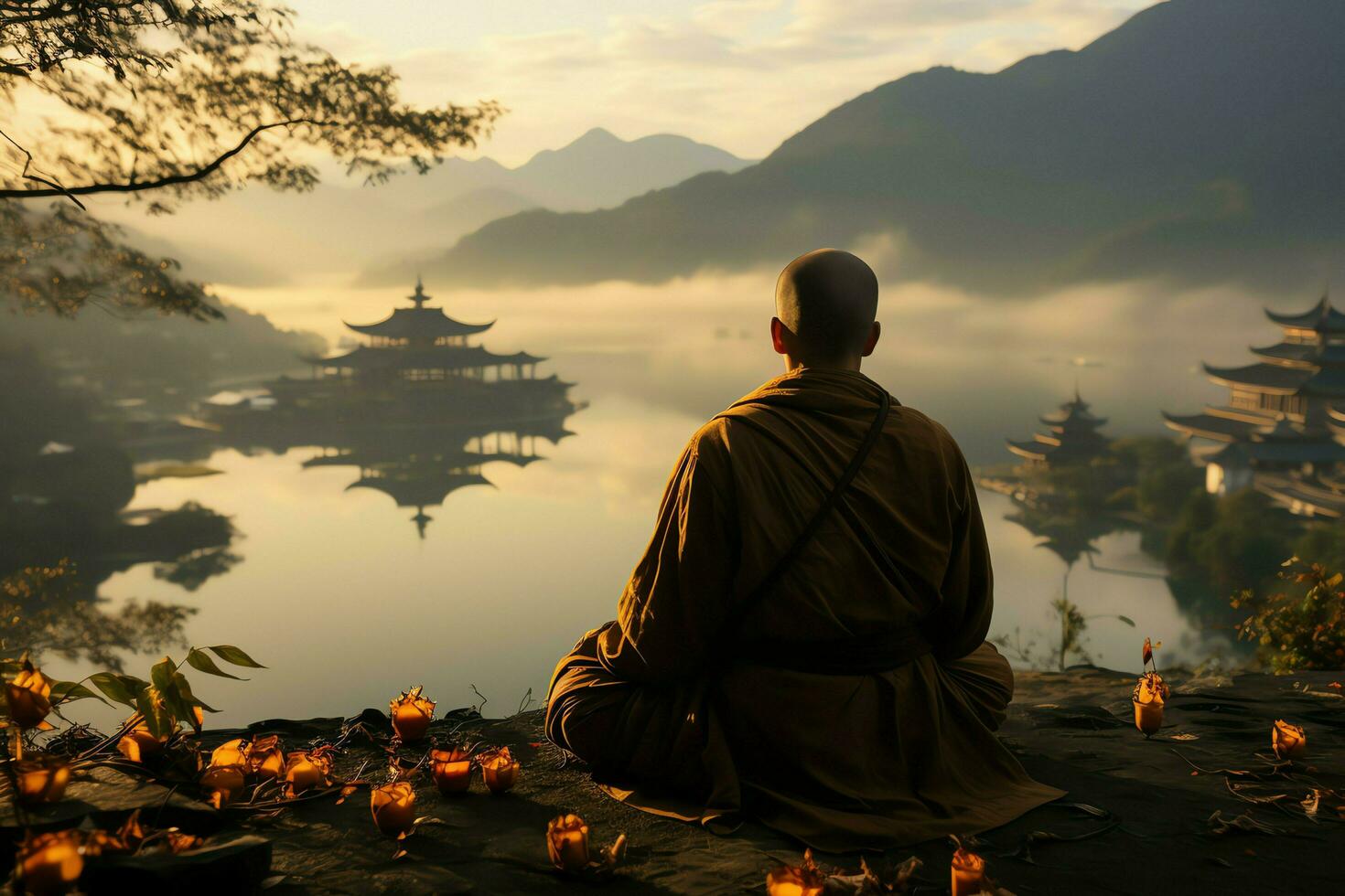 een Boeddha zit in de berg met een lotus en kaarsen. achtergrond voor vesak viering. vesak dag concept. vesak viering dag groeten concept door ai gegenereerd foto