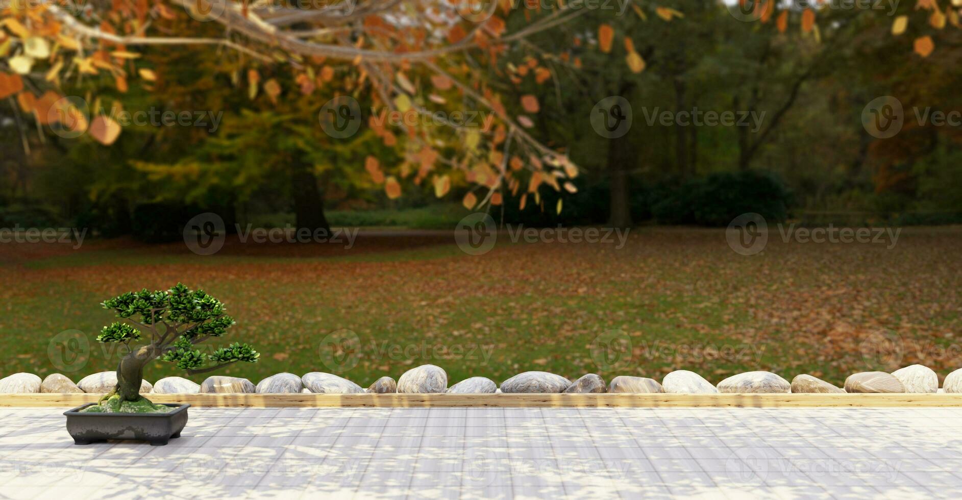 plank achtergrond panoramisch visie van uitstekend houten tafel weide, kader en bomen natuur achtergrond dag gazon panorama van de houten tafel natuurlijk landschap achtergrond 3d illustratie foto