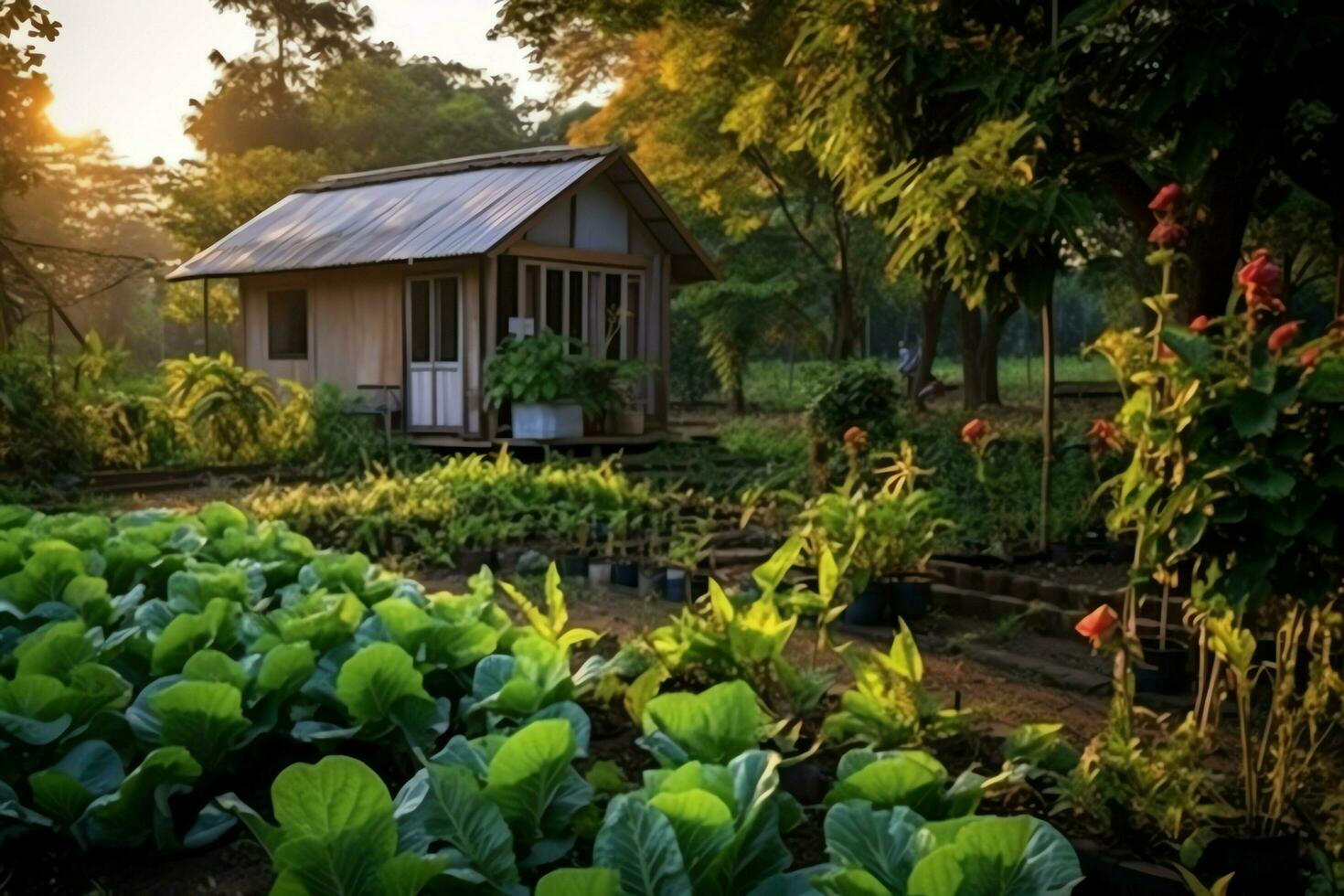 houten huis in dorp met planten en bloemen in achtertuin tuin. tuin en bloem Aan landelijk huis concept door ai gegenereerd foto