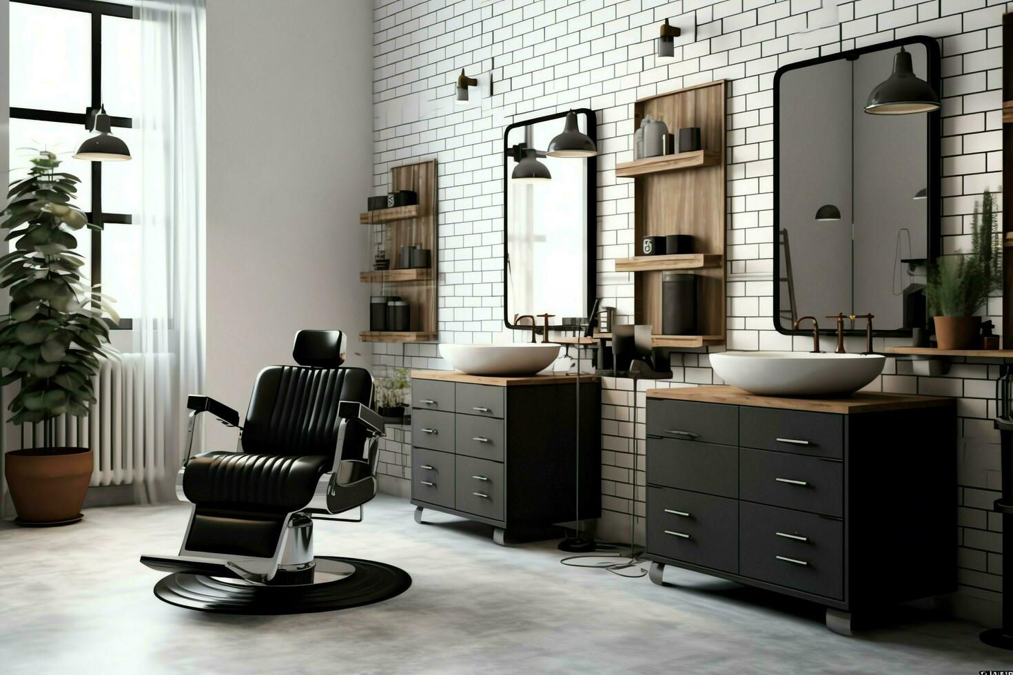 modern kapperszaak interieur met spiegels stoel en andere uitrusting in de buurt ramen. stoelen in kapperszaak concept door ai gegenereerd foto