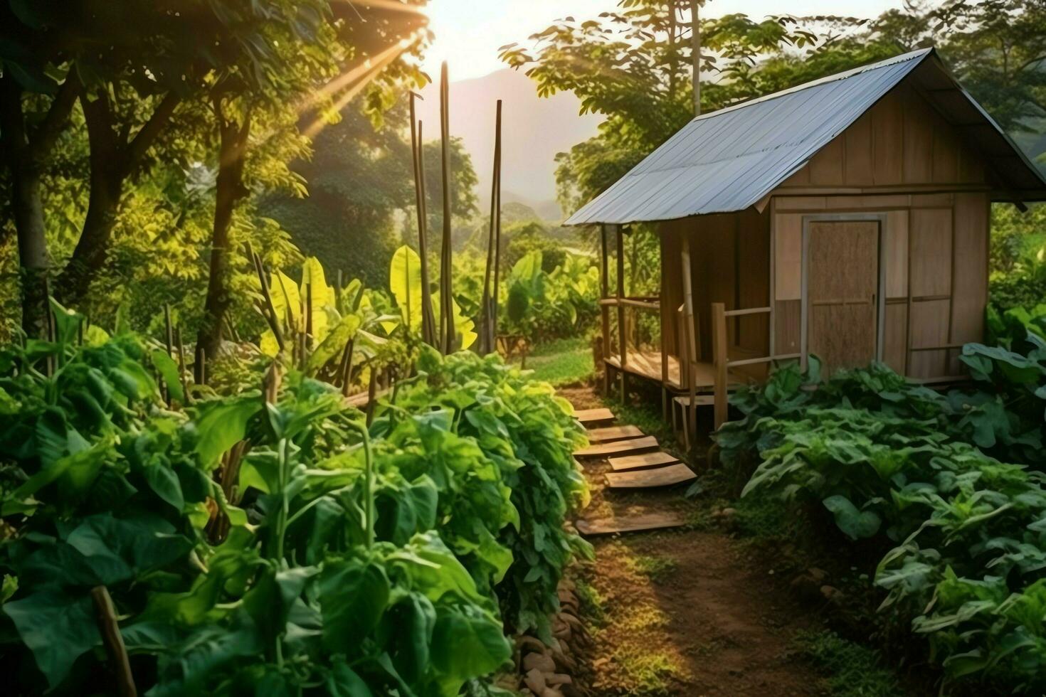 houten huis in dorp met planten en bloemen in achtertuin tuin. tuin en bloem Aan landelijk huis concept door ai gegenereerd foto