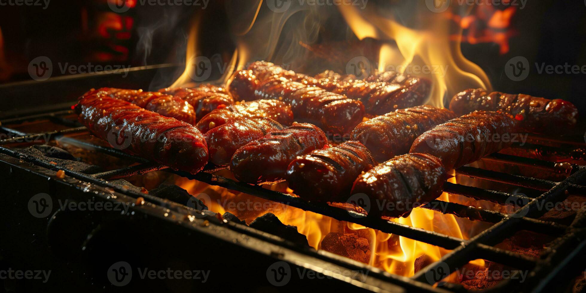 ai gegenereerd. ai generatief. bbq rooster barbecue steak beed varkensvlees worstjes Aan brand voorbereiden vlees voedsel. partij tuin restaurant uitstraling. grafisch kunst foto