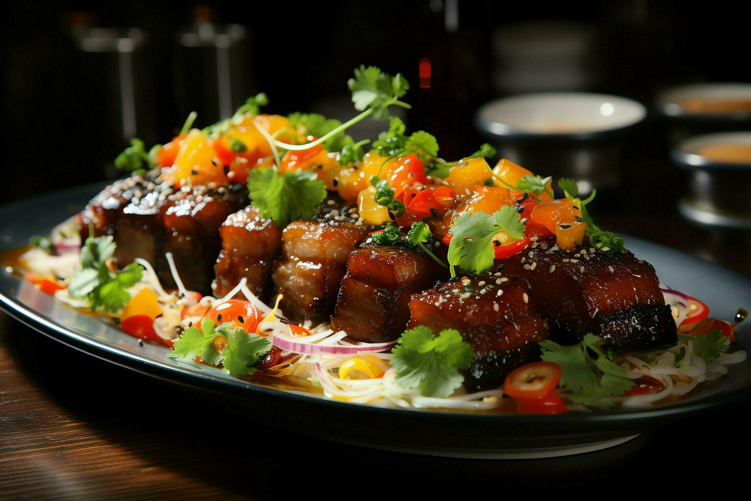een heerlijk krokant varkensvlees buik luxe Aan bord. restaurant voedsel en Aziatisch keuken concept door ai gegenereerd foto