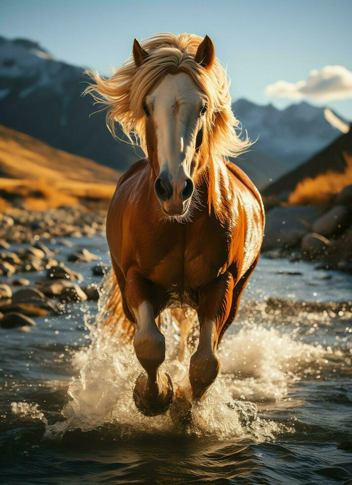 een wild paard rennen in de kreek. wild of boerderij dieren concept door ai gegenereerd foto