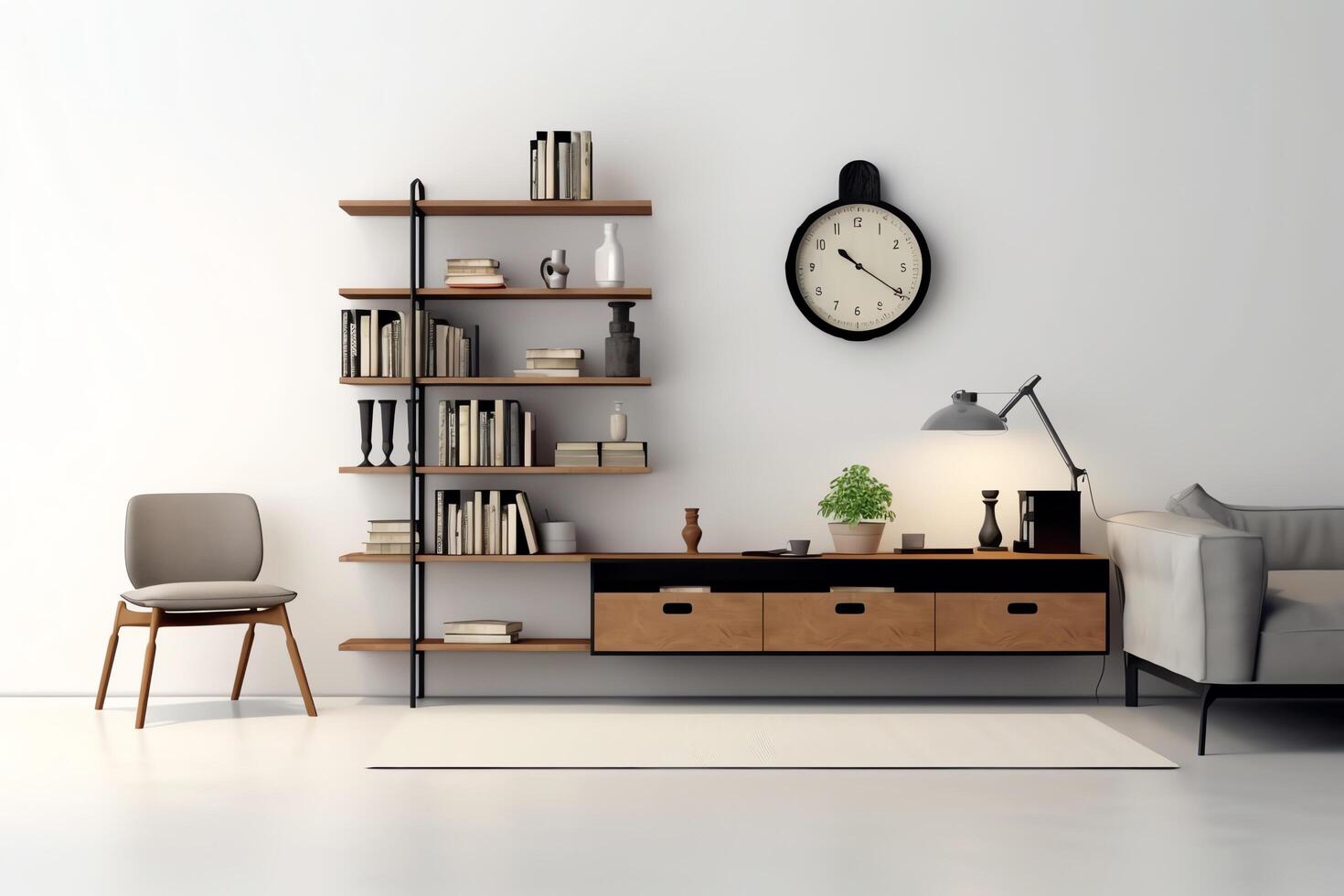 modern appartement interieur in leven of slaapkamer ontwerp met werken tafel, meubilair, en boekenplank. luxe huis Scandinavisch concept door ai gegenereerd foto