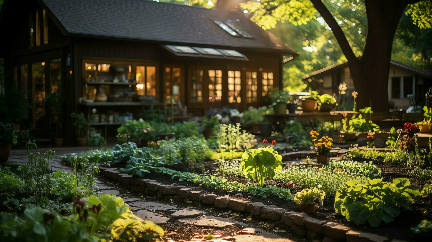 houten huis in dorp met planten en bloemen in achtertuin tuin. tuin en bloem Aan landelijk huis concept door ai gegenereerd foto