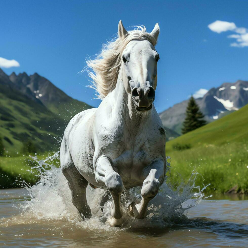 een wild paard rennen in de kreek. wild of boerderij dieren concept door ai gegenereerd foto