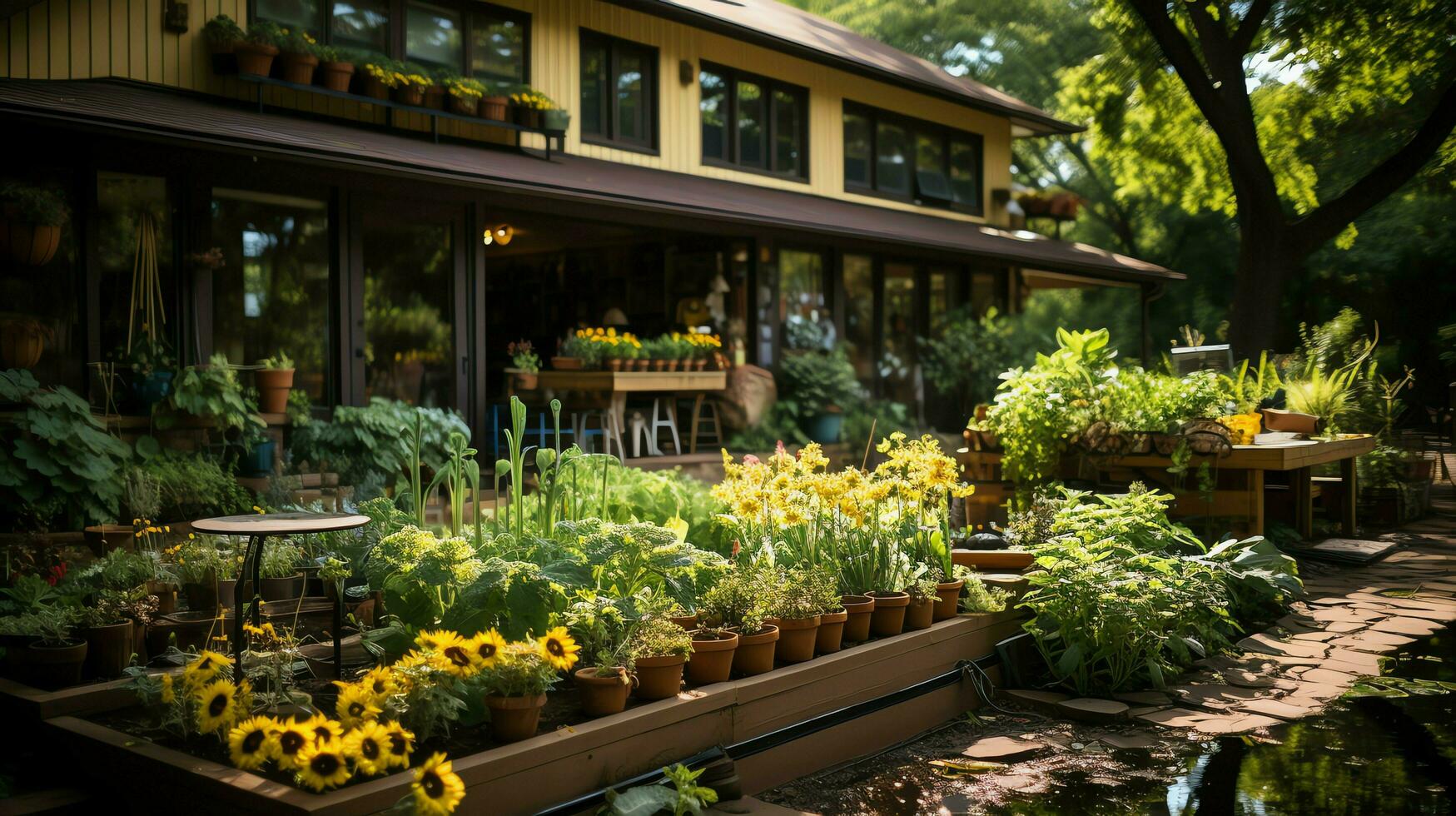 houten huis in dorp met planten en bloemen in achtertuin tuin. tuin en bloem Aan landelijk huis concept door ai gegenereerd foto