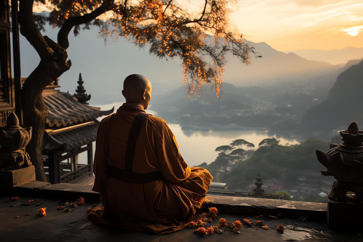 een Boeddha zit in de berg met een lotus en kaarsen. achtergrond voor vesak viering. vesak dag concept. vesak viering dag groeten concept door ai gegenereerd foto