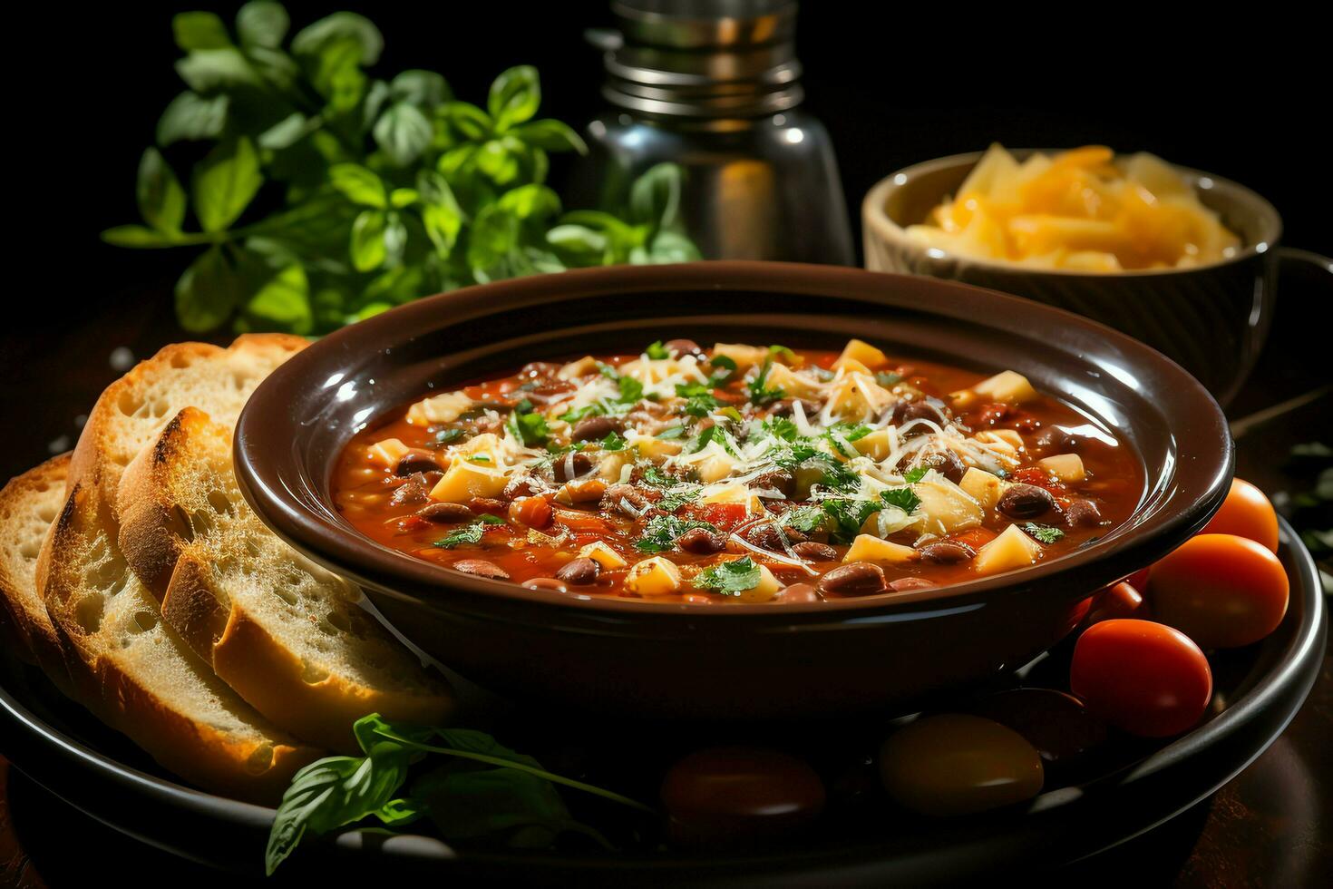 een heerlijk minestrone soep voedsel in een schaal. Italiaans voedsel en gezond eiwit soep maaltijd concept door ai gegenereerd foto