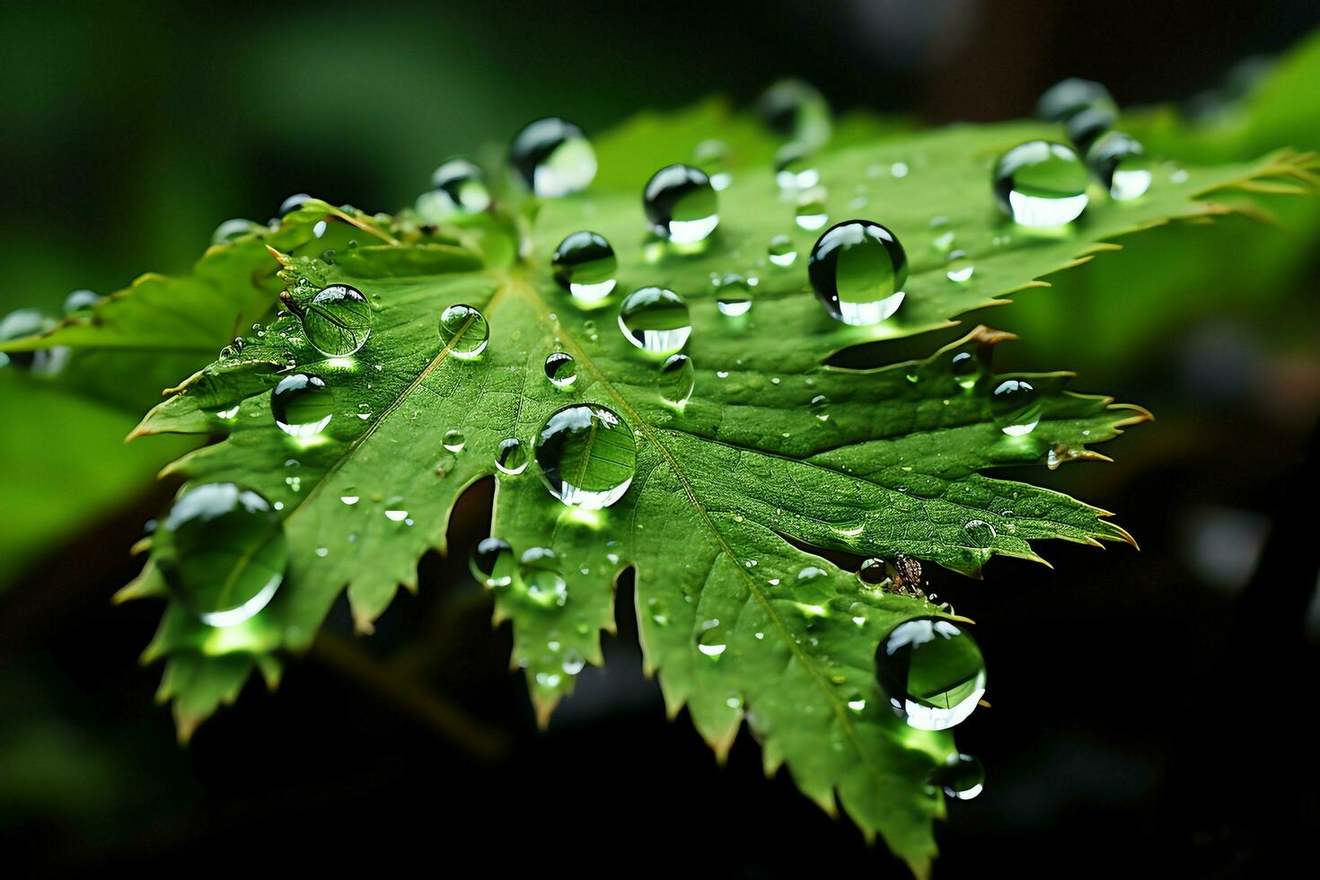 macro schot van groen bladeren met water druppels, dauw of regen laten vallen Aan hen. groen blad natuur Woud concept door ai gegenereerd foto