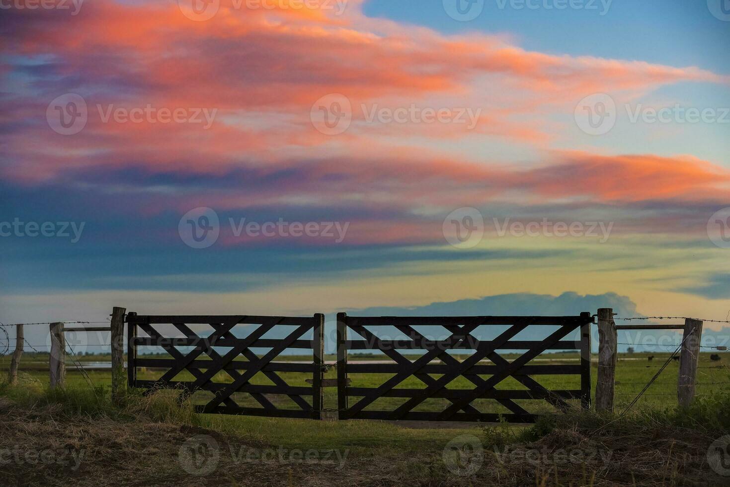 een hek met een poort en een lucht in de achtergrond foto