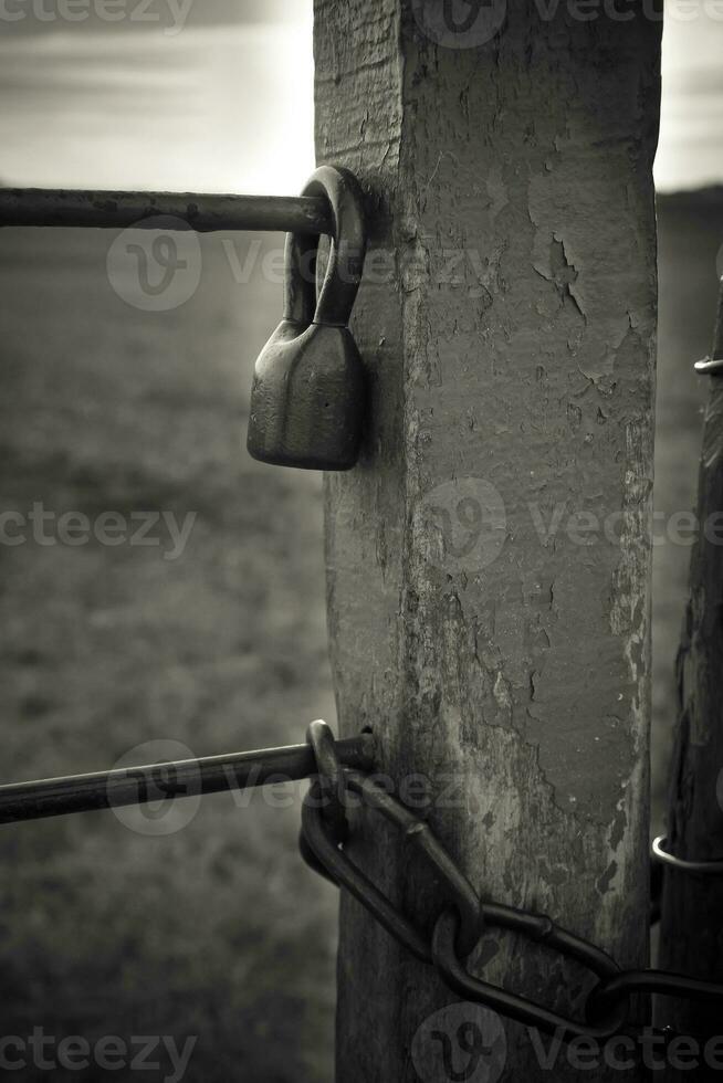 een zwart en wit foto van een slot Aan een hek