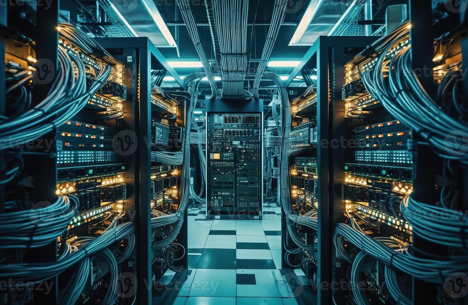 computer terminal in een server kamer met complex netwerk kabels gegenereerd door ai foto