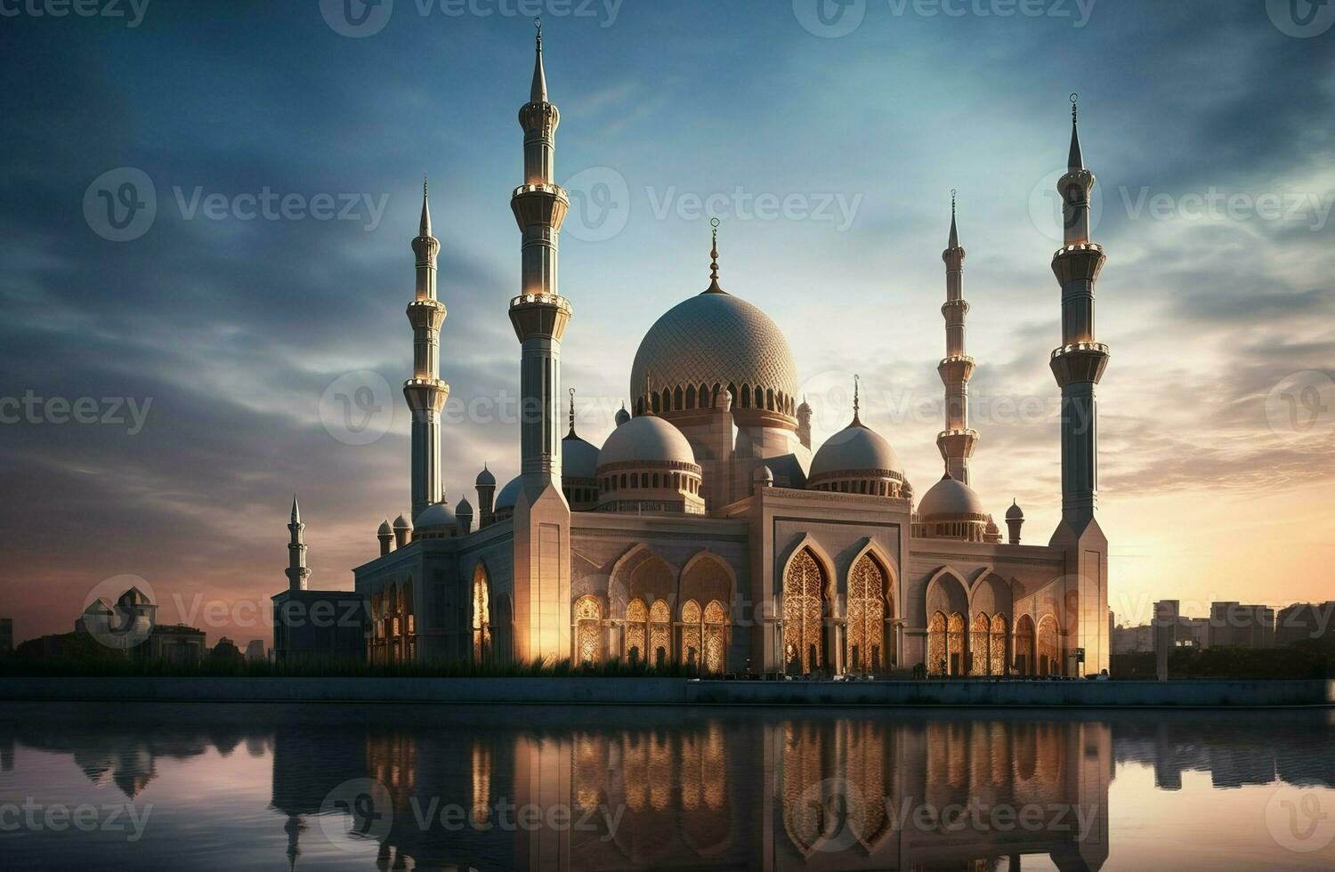 Islamitisch moskee Bij schemer en de reflectie van de water gegenereerd door ai foto