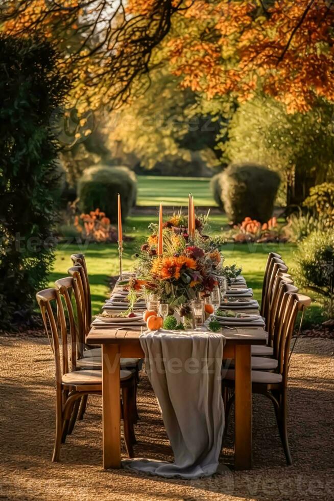 herfst tafel landschap, herfst- avondeten tafel instelling, vakantie tafellandschap voor bruiloft, verjaardag of partij evenement viering, generatief ai foto