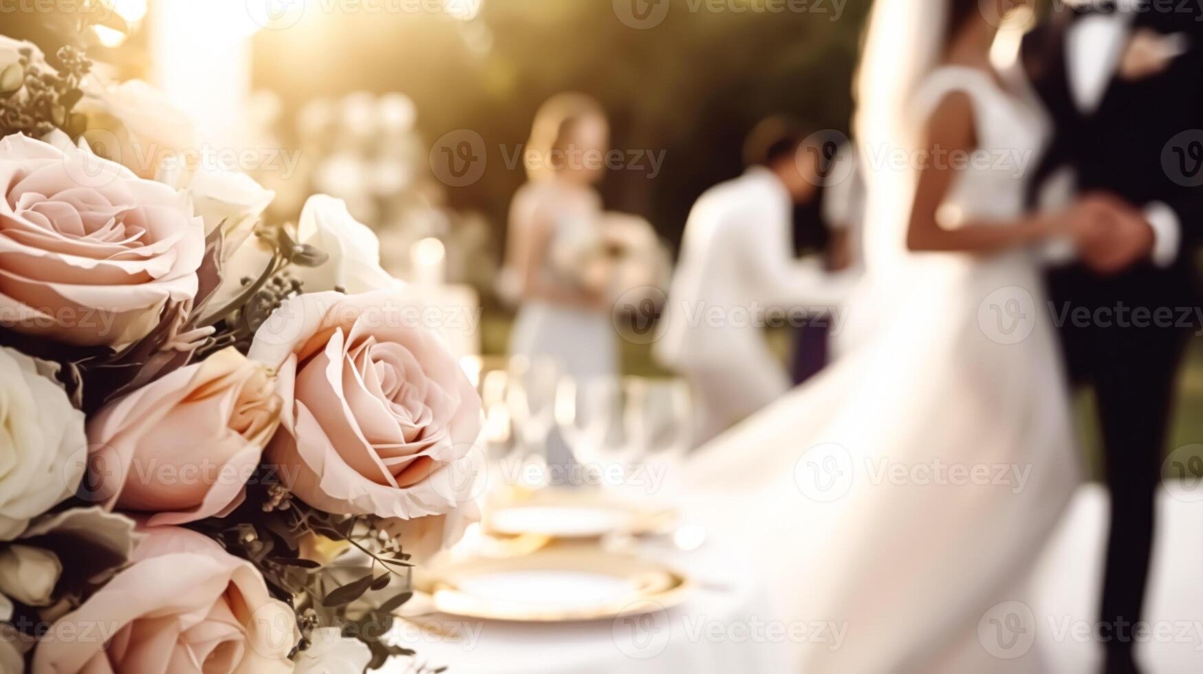 bruiloft ceremonie en viering, bruid en bruidegom Bij een mooi buitenshuis evenementenlocatie Aan een zonnig dag, luxe bruiloft decor met bloemen en bruids boeket, generatief ai foto