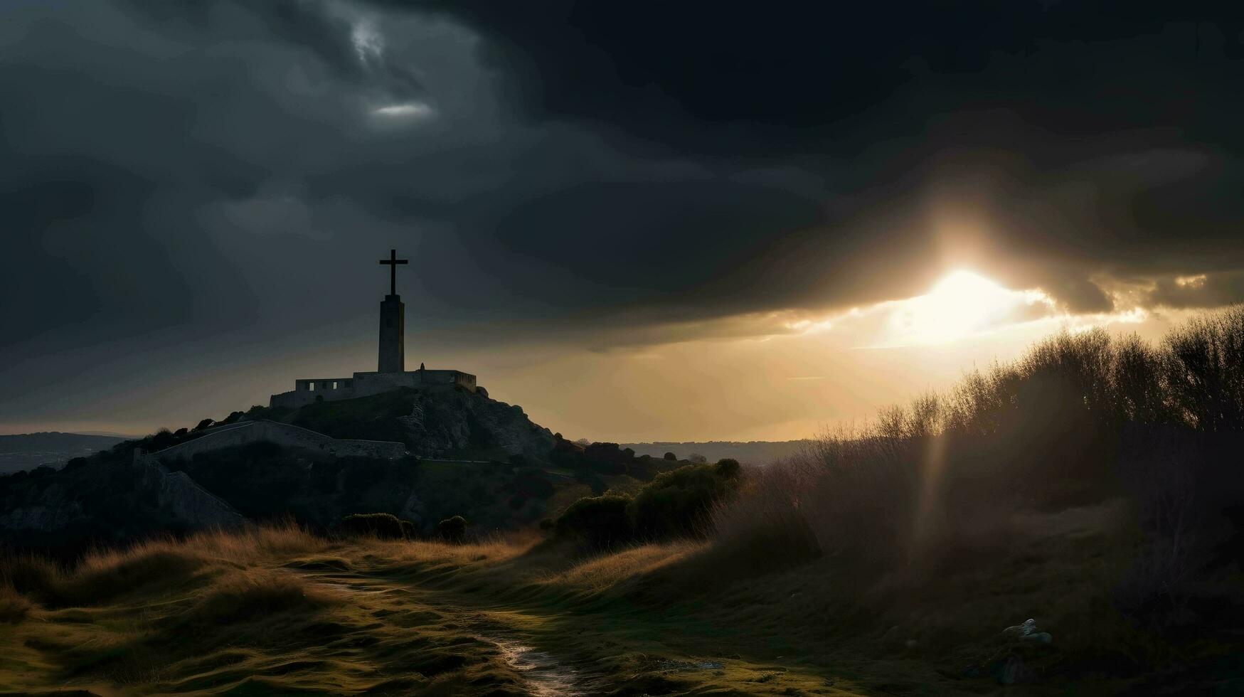 kruis Aan top van een heuvel, spotlight van de wolken, zon, bewolkt, generatief ai foto