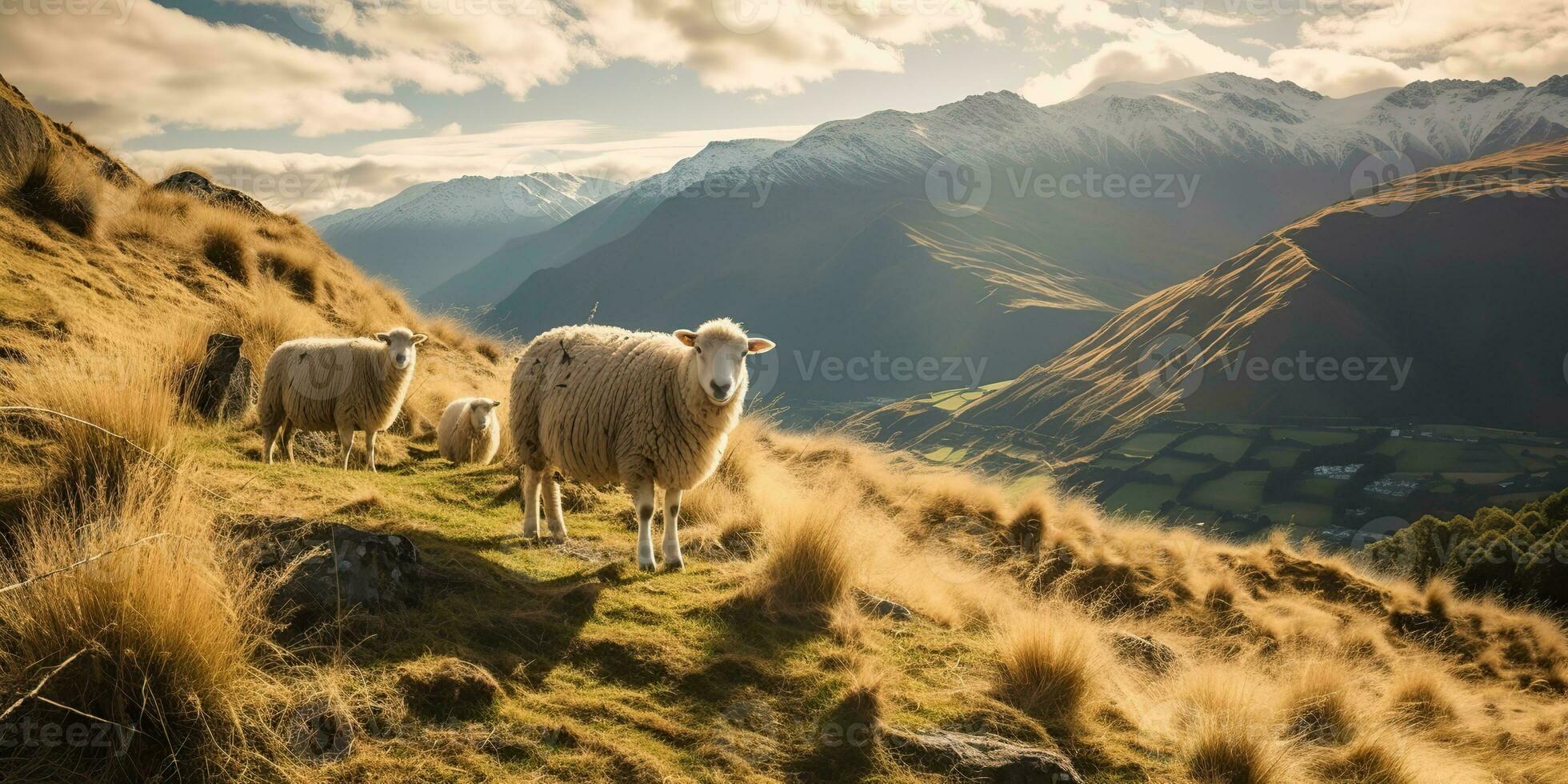 ai gegenereerd. ai generatief. schapen begrazing Aan mooi berg heuvels landschap. vrede kilte buitenshuis natuur uitstraling. grafisch kunst foto