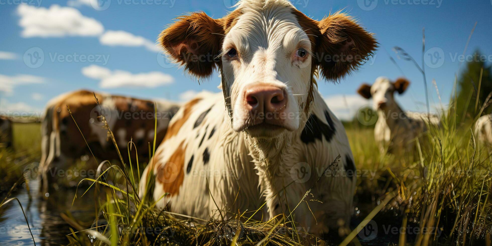 ai gegenereerd. ai generatief. koe dier gezicht frontaal grappig portret Bij groen veld- boerderij. landschap landbouw natuur buitenshuis dorp leven stijl. grafisch kunst foto