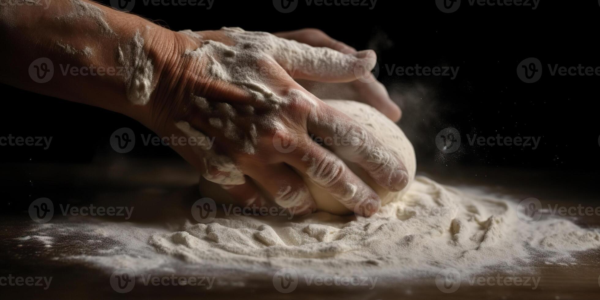 ai gegenereerd. ai generatief. bakkerij meel rollend handen bereiden deeg voor pizza pasta voedsel maaltijd restaurant. grafisch kunst foto