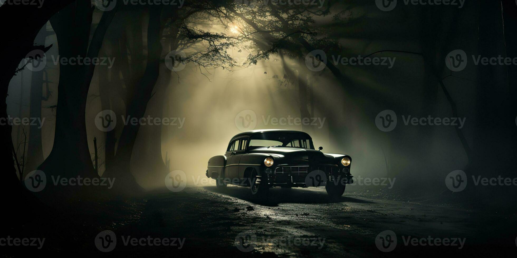 ai gegenereerd. ai generatief. wijnoogst retro klassiek auto Aan weg de nevel mist Woud boom natuur buitenshuis donker gotisch eng halloween uitstraling. grafisch kunst foto