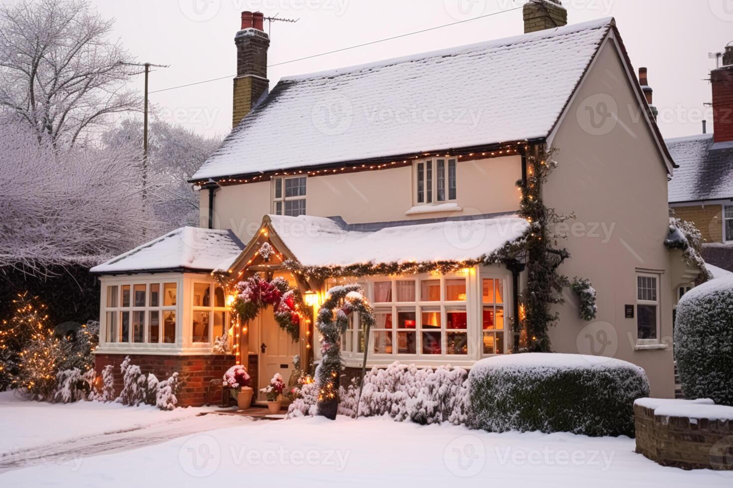 mooi land huisje versierd voor Kerstmis Aan een besneeuwd winter dag, vakantie en viering, generatief ai foto