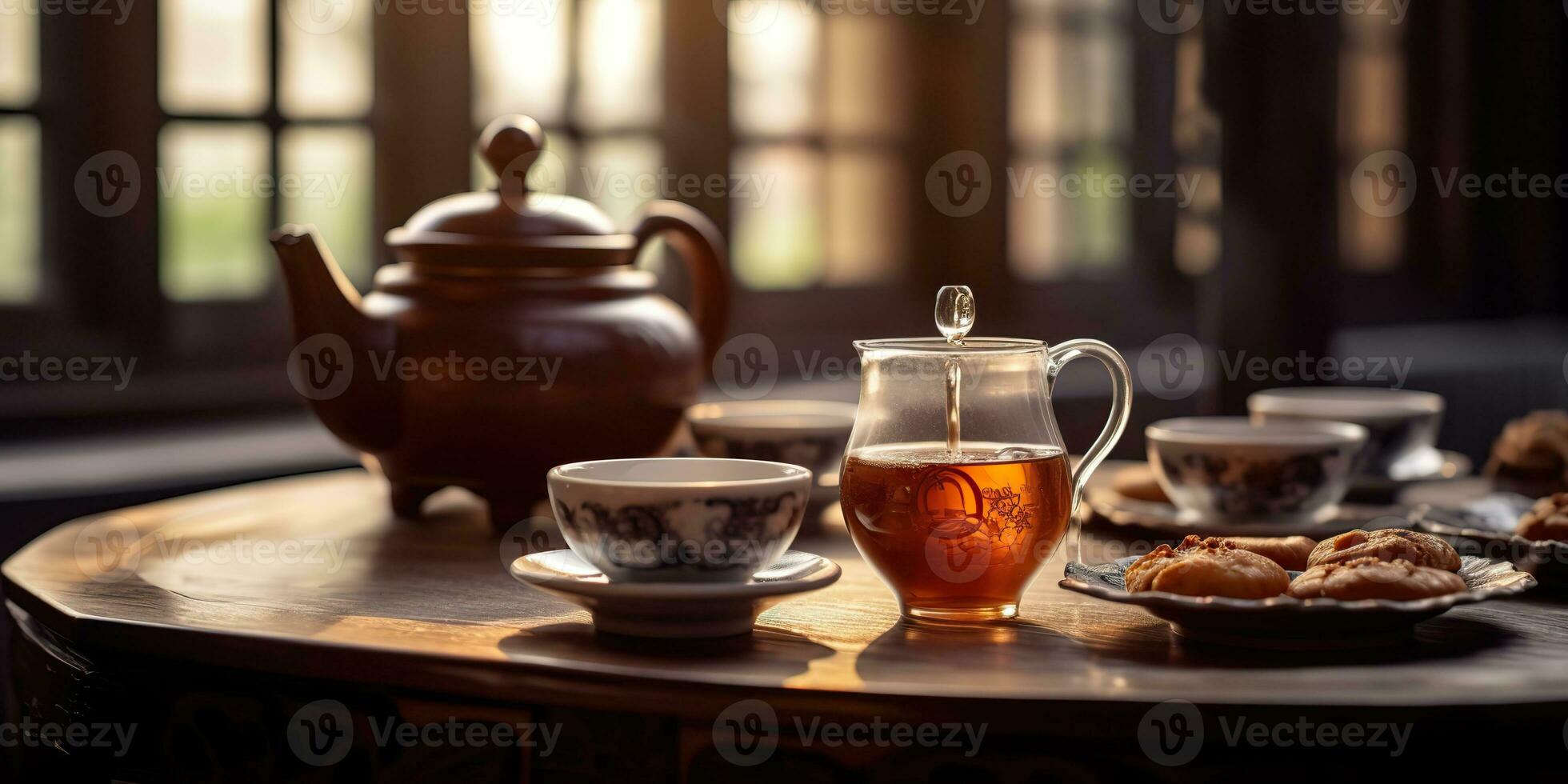 ai gegenereerd. ai generatief. traditioneel klasse wijnoogst retro ceremonie Chinese Azië te theepot kop tafel ritueel houten tafel. kalmte binnenste vrede kom tot rust drank tijd uitstraling. grafisch kunst foto