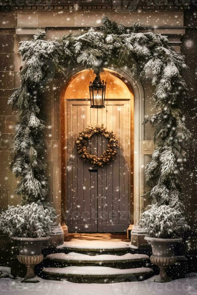 Kerstmis vakantie, land huisje en sneeuwen winter, krans decoratie Aan een deur, vrolijk Kerstmis en gelukkig vakantie wensen, generatief ai foto