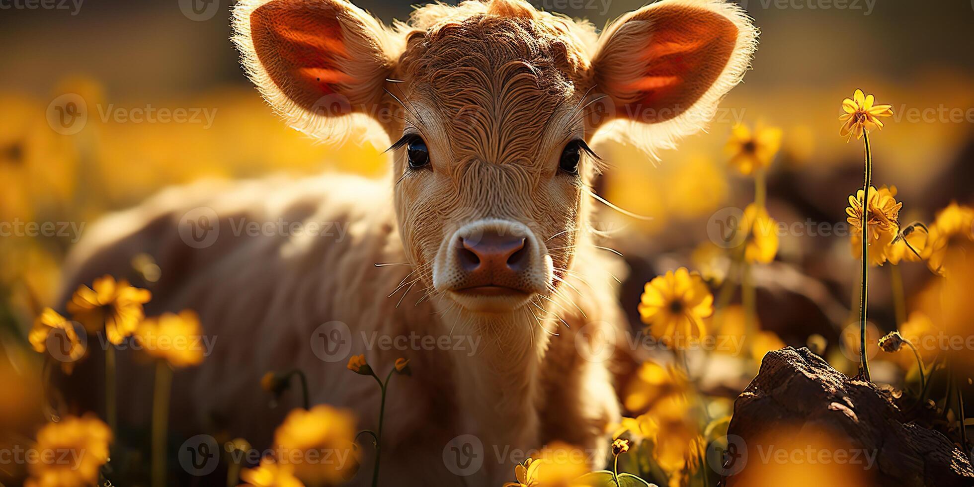 ai gegenereerd. ai generatief. mooi jong klein deel kalf Aan zonnebloem veld- Bij zonsondergang. natuur landschap boerderij koe dier uitstraling. grafisch kunst foto