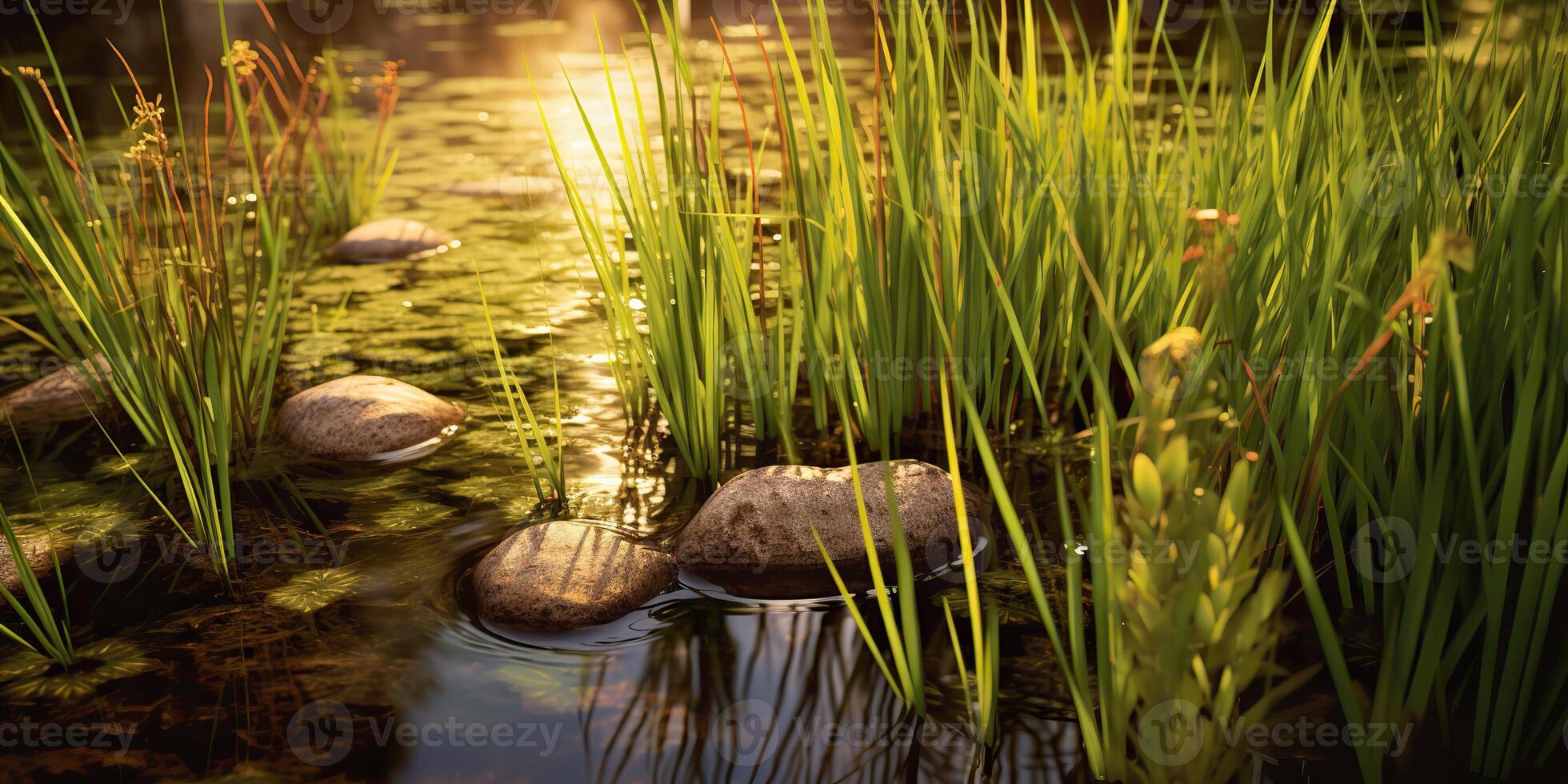 ai gegenereerd. ai generatief. foto illustratie van vijver zegge Bij meer zee rivier- water. fabriek flora bloesem. grafisch kunst