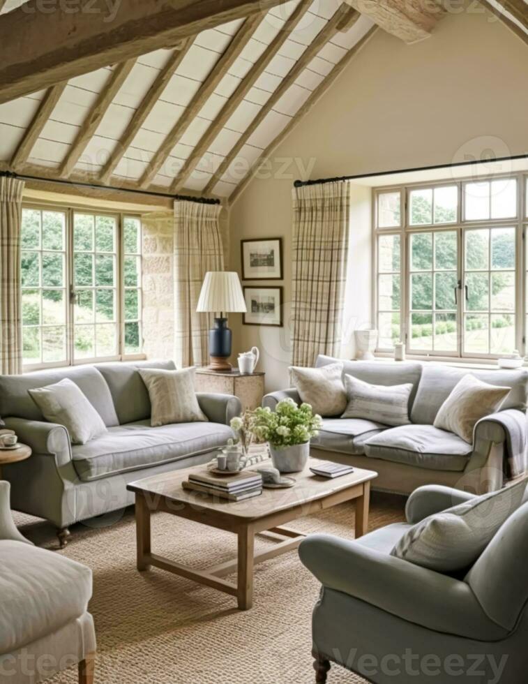 land huisje lounge decor, zittend kamer en cotswolds stijl interieur ontwerp, leven kamer meubilair, sofa en huis decor in elegant Engels land huis stijl, generatief ai foto